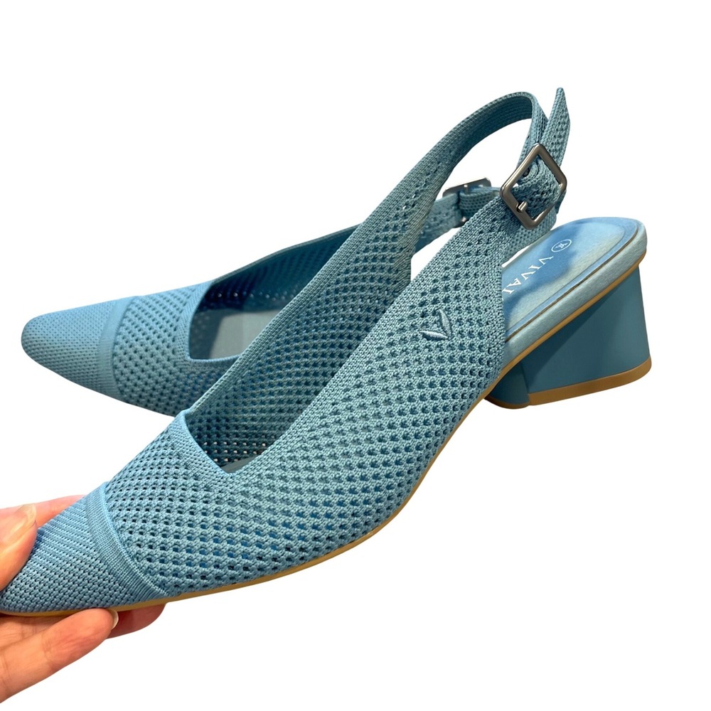 Vivaia Slingback Heel Women 40 Blue Pointed Toe Block Heel Knit Sustainable Pump - Picture 3 of 10